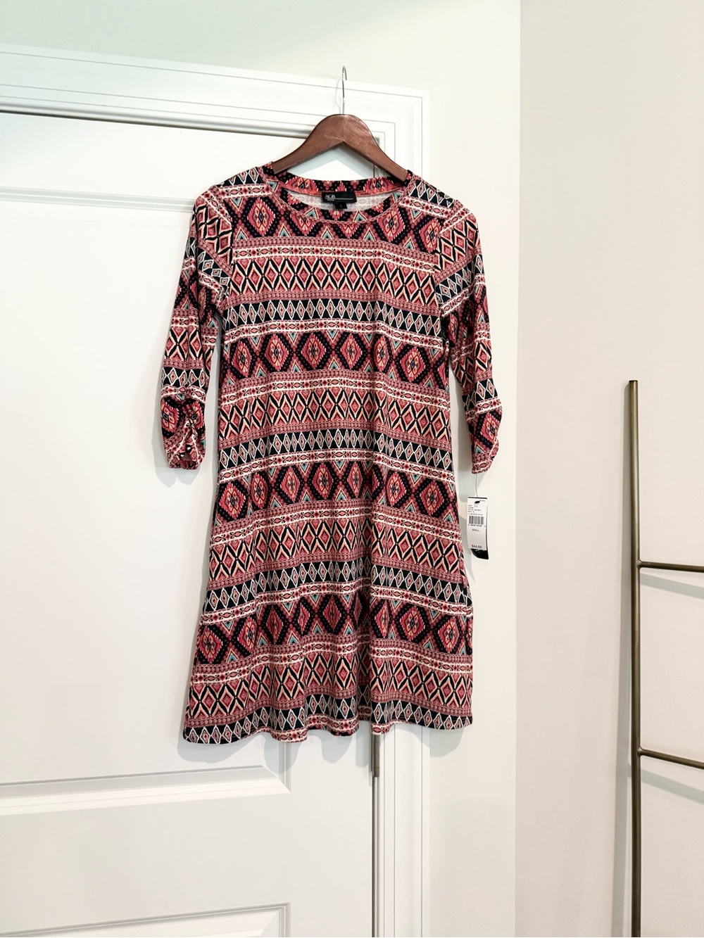 NWT AGB Pink and Black Geometric Long Sleeve A-Line Dress